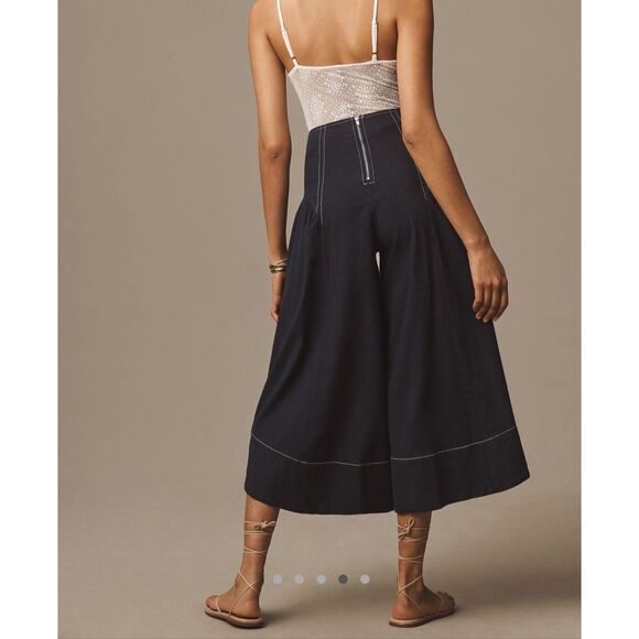 Anthropologie Pants NEW Linen Extended Waist Cropped Wide Leg Navy Blue size 6 - Picture 3 of 14